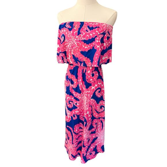 Lilly Pulitzer Strapless Mocean Octopus Long Dress Sz. Small Pink Navy - Picture 6 of 9